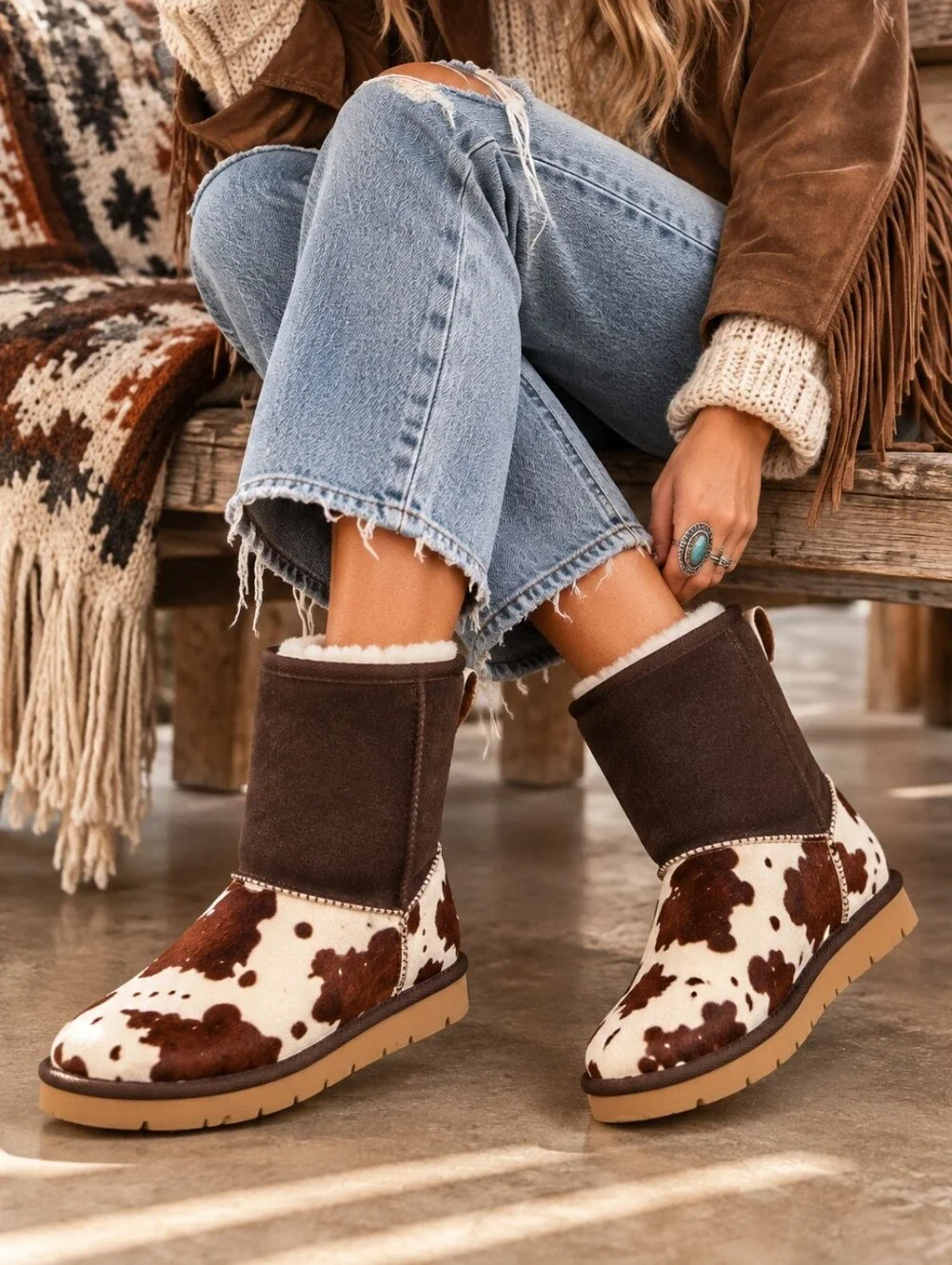 Superlamb Cow Print Sheepskin Boots Brown White Size 7 Wide NWT